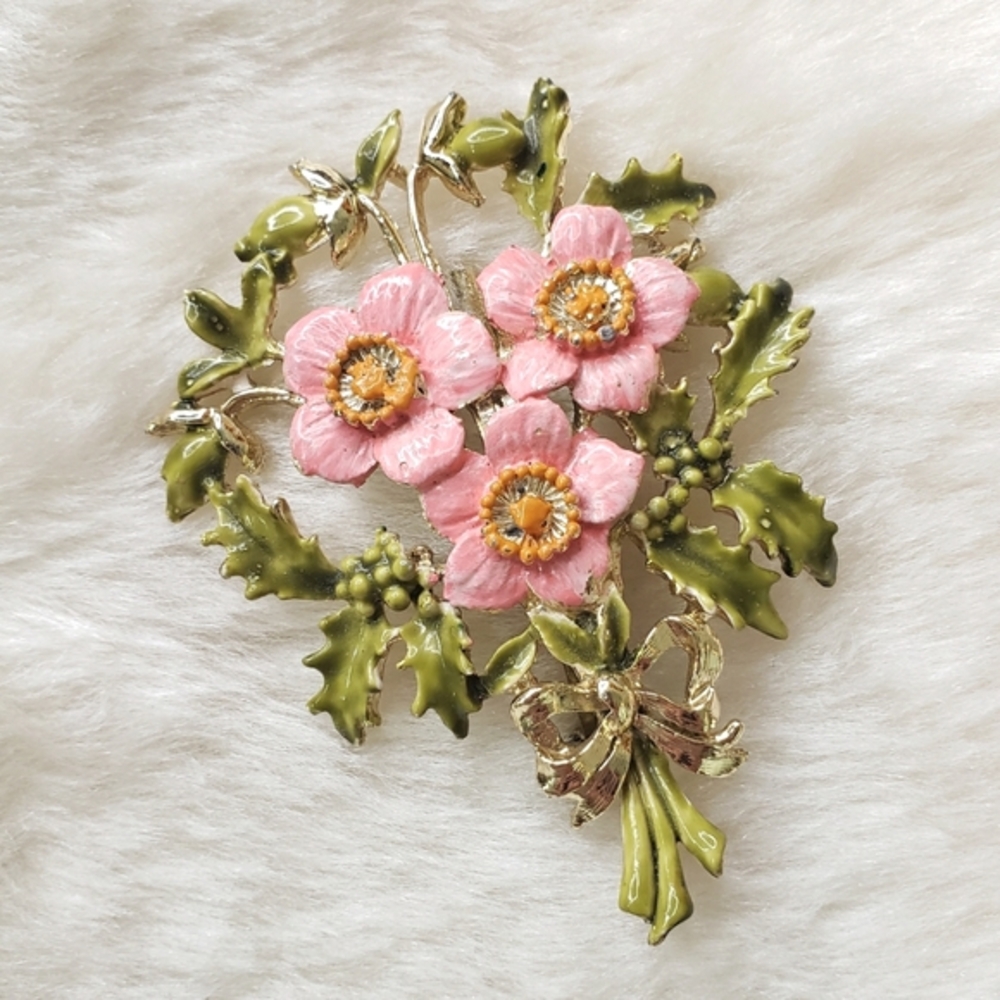 VINTAGE Enameled Pink & Green Bouquet Flower Brooch 1960s